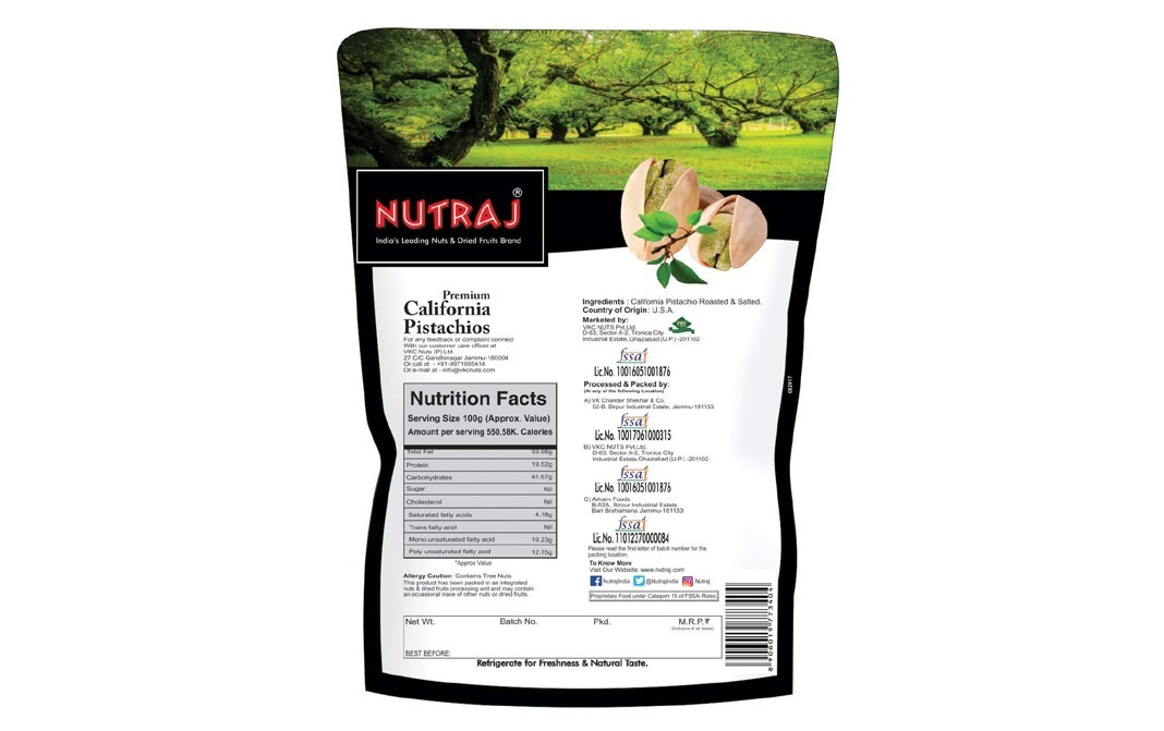 Nutraj Premium California Pistachios    Pack  250 grams